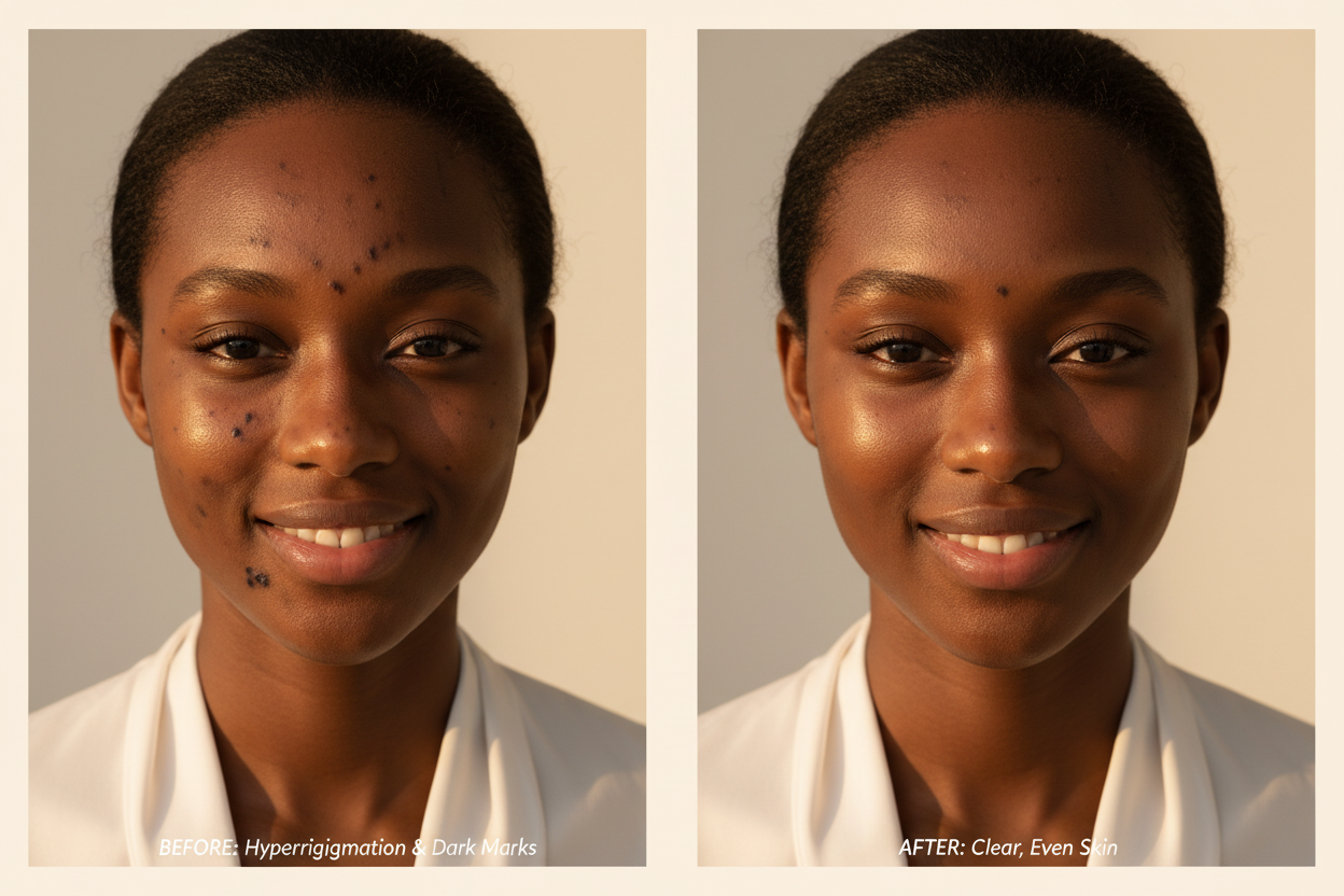 2 image d'une visage femme  senegalaisl'un  rempli de tache noir et l'autre clean