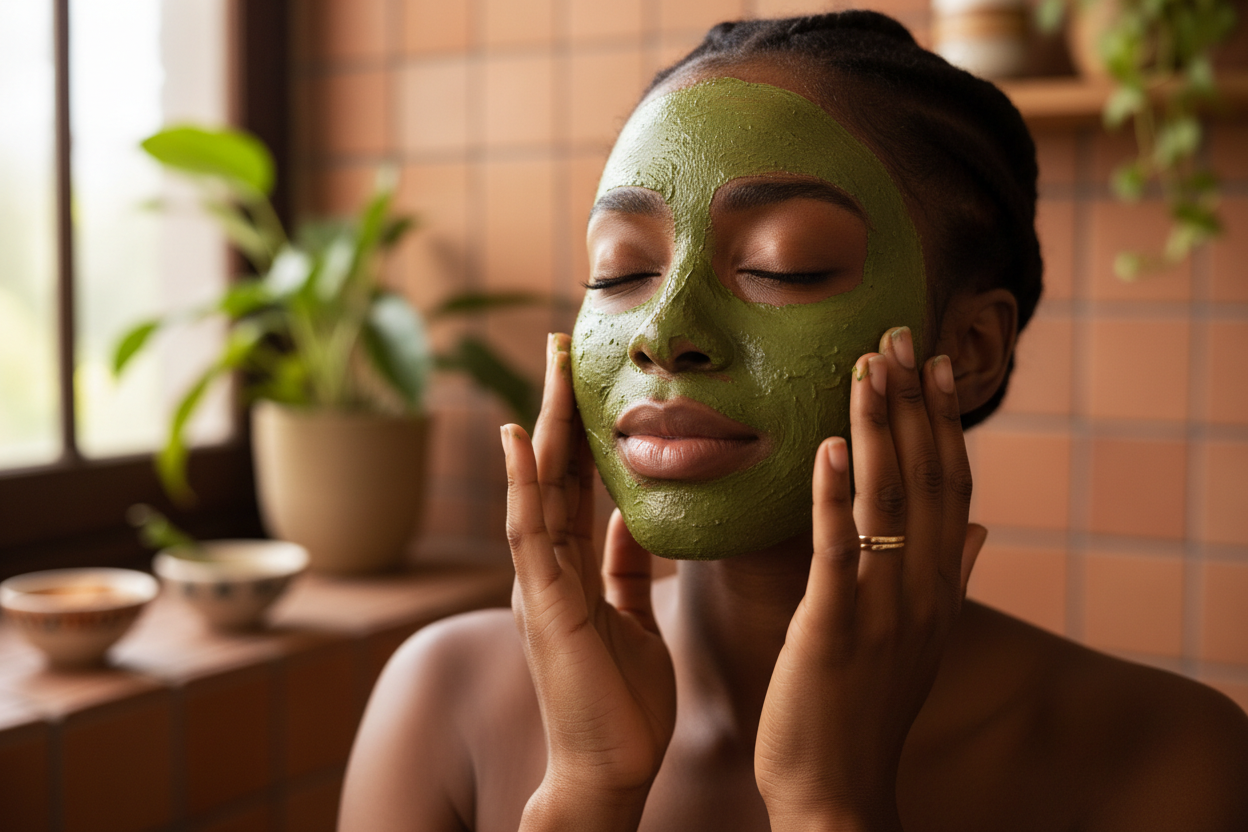une femme senegalais qui utilise le gomage green mask a son visage